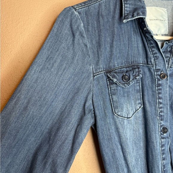 Silvian Heach Denim Cargo 100% Cotton Mini Dress Shirred Waist Button Up Size XS - Picture 6 of 16